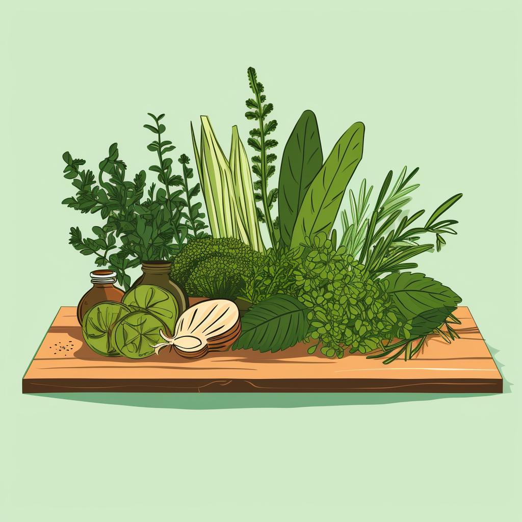 A variety of herbs spread out on a table.